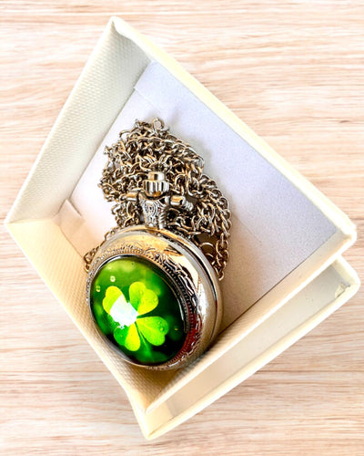 Relógio de bolso "CloverTime" com motivo de trevo de quatro folhas, possibilidade de personalização com gravação para presente