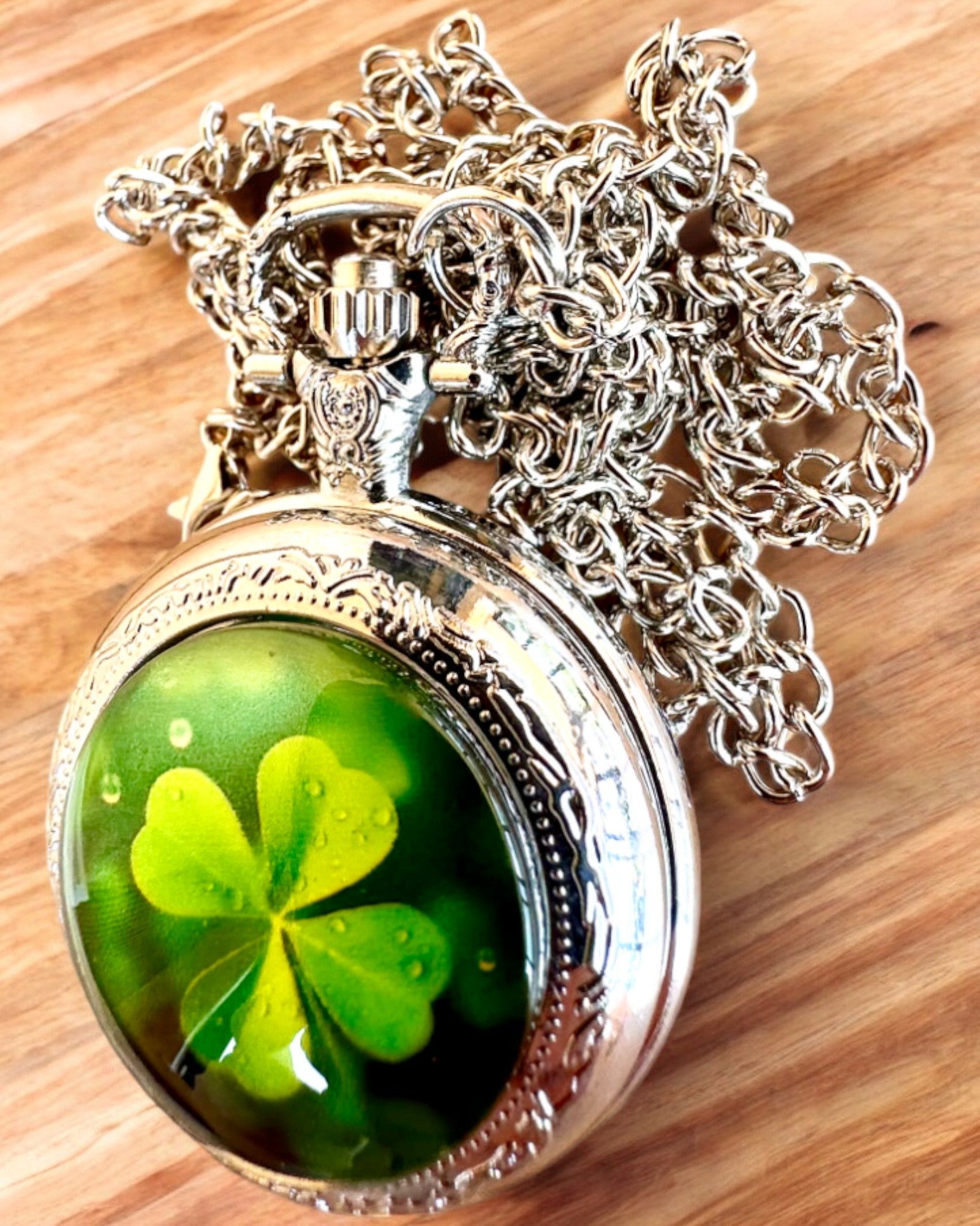 Relógio de bolso "CloverTime" com motivo de trevo de quatro folhas, possibilidade de personalização com gravação para presente