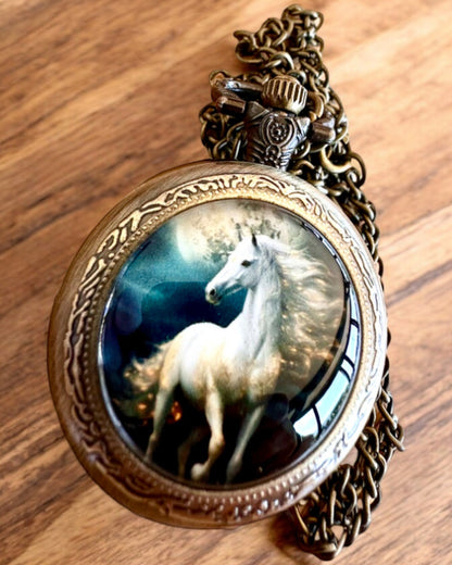 Relógio de bolso Unicorn Elegance com corrente, motivo de unicórnio, gravação personalizada gratuita
