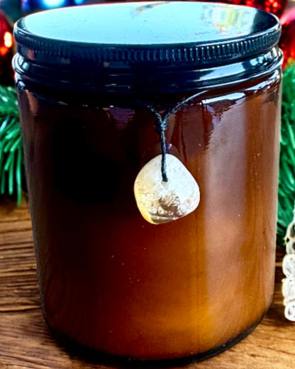 Vela de soja intencional 250 ml com pedra natural – escolha a sua energia: Citrino ou Granada, personalização com gravação para presente