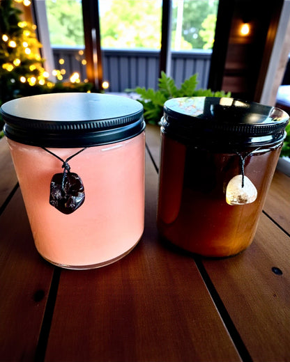 Vela de soja intencional 250 ml com pedra natural – escolha a sua energia: Citrino ou Granada, personalização com gravação para presente