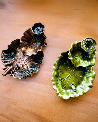 Suporte Elegante de Metal para Incenso Folha de Lótus - 4 variantes à escolha, possibilidade de personalização com gravação para presente