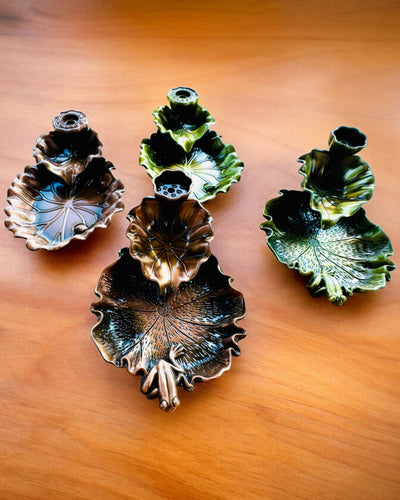 Suporte Elegante de Metal para Incenso Folha de Lótus - 4 variantes à escolha, possibilidade de personalização com gravação para presente