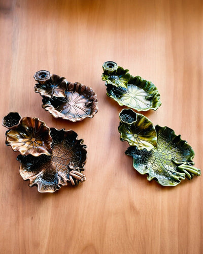 Suporte Elegante de Metal para Incenso Folha de Lótus - 4 variantes à escolha, possibilidade de personalização com gravação para presente