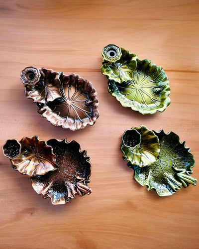 Suporte Elegante de Metal para Incenso Folha de Lótus - 4 variantes à escolha, possibilidade de personalização com gravação para presente