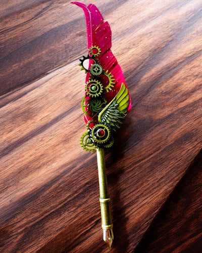 Caneta Caligráfica "Elegância Steampunk" com Pena de Peru - Feita à Mão 5 variantes à escolha, personalização com gravação para presente
