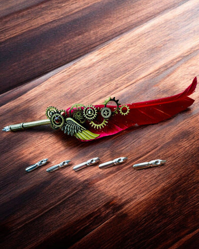Caneta Caligráfica "Elegância Steampunk" com Pena de Peru - Feita à Mão 5 variantes à escolha, personalização com gravação para presente