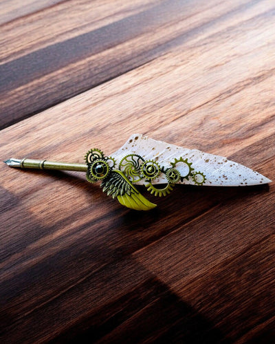 Caneta Caligráfica "Elegância Steampunk" com Pena de Peru - Feita à Mão 5 variantes à escolha, personalização com gravação para presente
