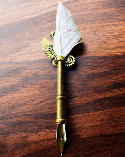 Caneta Caligráfica "Elegância Steampunk" com Pena de Peru - Feita à Mão 5 variantes à escolha, personalização com gravação para presente