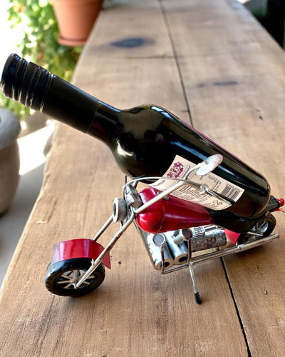 Suporte de Vinho Metálico 40 cm de comprimento, em forma de motocicleta com possibilidade de gravação para presente