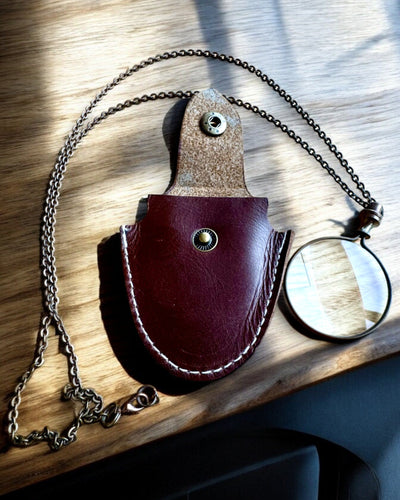 Vintage Look - Lente de Aumento de Vidro com Estojo de Couro, possibilidade de personalização com gravação