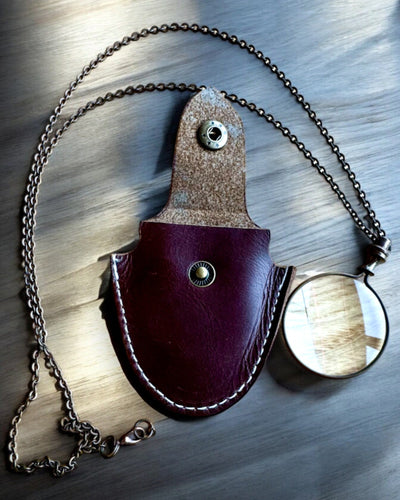 Vintage Look - Lente de Aumento de Vidro com Estojo de Couro, possibilidade de personalização com gravação