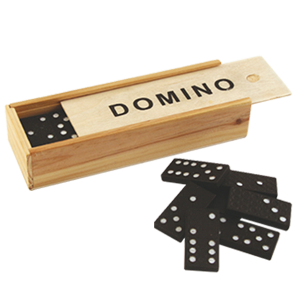 Dominó em caixa de madeira com possibilidade de personalização por gravação - presente ideal para amantes de jogos de tabuleiro, 28 peças de plástico, dimensões da caixa 5 x 15 x 3,5 cm, material: madeira e plástico