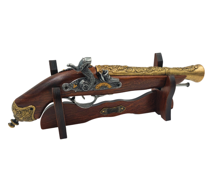 Réplica de Pistola de Pederneira do Século XVIII em Suporte com Possibilidade de Personalização por Gravação - Elemento Decorativo Elegante e Presente Ideal para Amantes da História - Feito de Metal e Madeira, Comprimento 38 cm