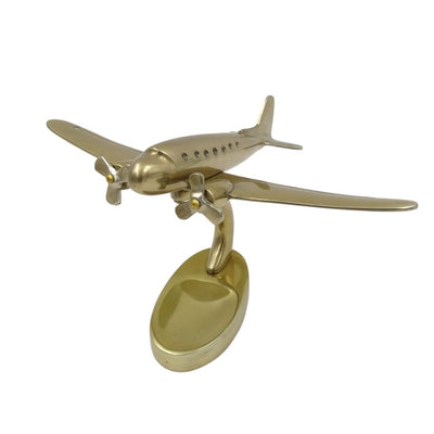 Modelo grande de avião bimotor em metal com possibilidade de personalização por gravação, dourado, 19,5 x 16,5 x 29 cm