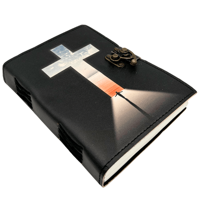 Caderno de Couro Cruz Religiosa Livro de Orações com Gravação