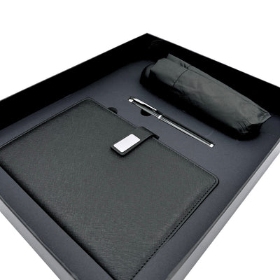 Conjunto Elegante para Presente com Personalização - Caderno de Pele A5, Caneta e Guarda-Chuva Preto em Caixa de Presente