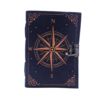 Caderno de pele Rosa dos Ventos retro preto e dourado com gravação personalizada