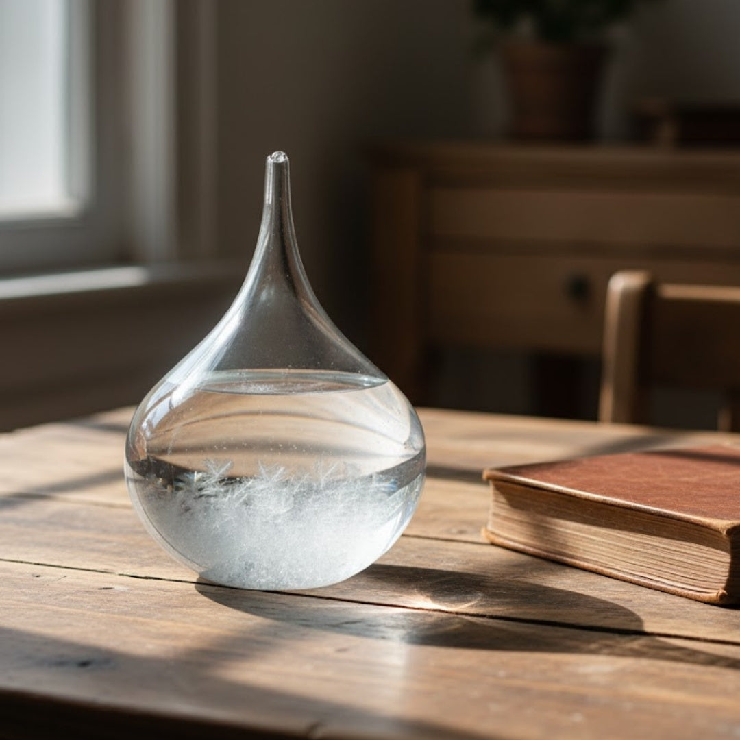 Barómetro de Tempestade Fitzroya - Gota Storm Glass com possibilidade de personalização por gravação - presente elegante em forma de gota, altura 11 cm, recipiente de vidro com cristais únicos que reagem às mudanças do tempo