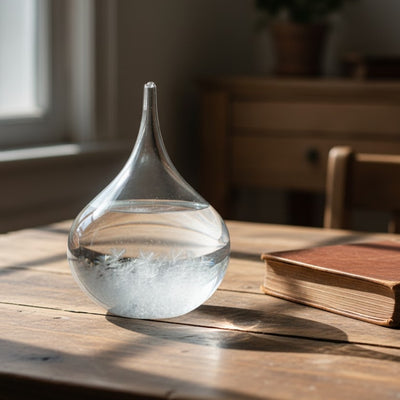 Barómetro de Tempestade Fitzroya - Gota Storm Glass com possibilidade de personalização por gravação - presente elegante em forma de gota, altura 11 cm, recipiente de vidro com cristais únicos que reagem às mudanças do tempo