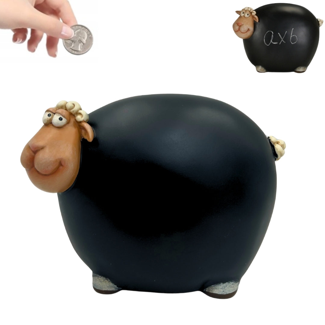 Cofre Ovelha com Tinta de Quadro Negro com Possibilidade de Personalização - Preto com Elementos em Bege e Branco, Altura 19,5 cm