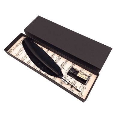Conjunto elegante de caligrafia com caneta de ganso preta com pena, tinta e possibilidade de gravação personalizada