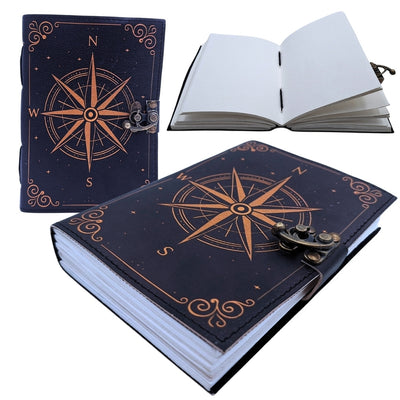Caderno de pele Rosa dos Ventos retro preto e dourado com gravação personalizada