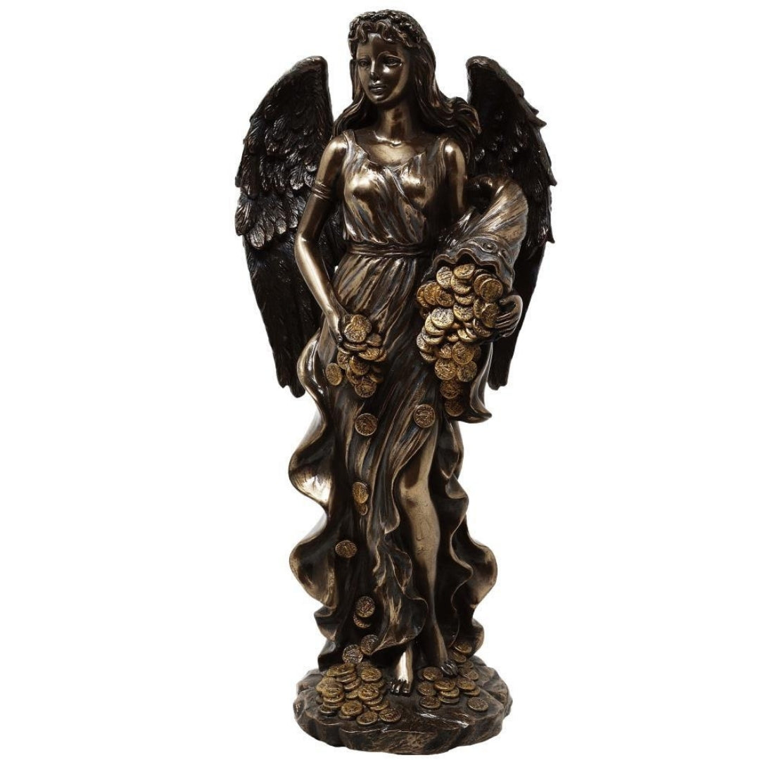 Figura Fortuna Deusa da Sorte e Riqueza 29 cm com Cornucópia - Gravação Personalizada para Presente, Decoração Elegante em Conglomerado de Resina em Tons de Castanho e Cobre