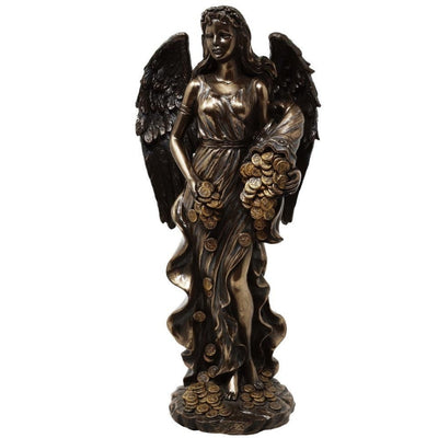 Figura Fortuna Deusa da Sorte e Riqueza 29 cm com Cornucópia - Gravação Personalizada para Presente, Decoração Elegante em Conglomerado de Resina em Tons de Castanho e Cobre