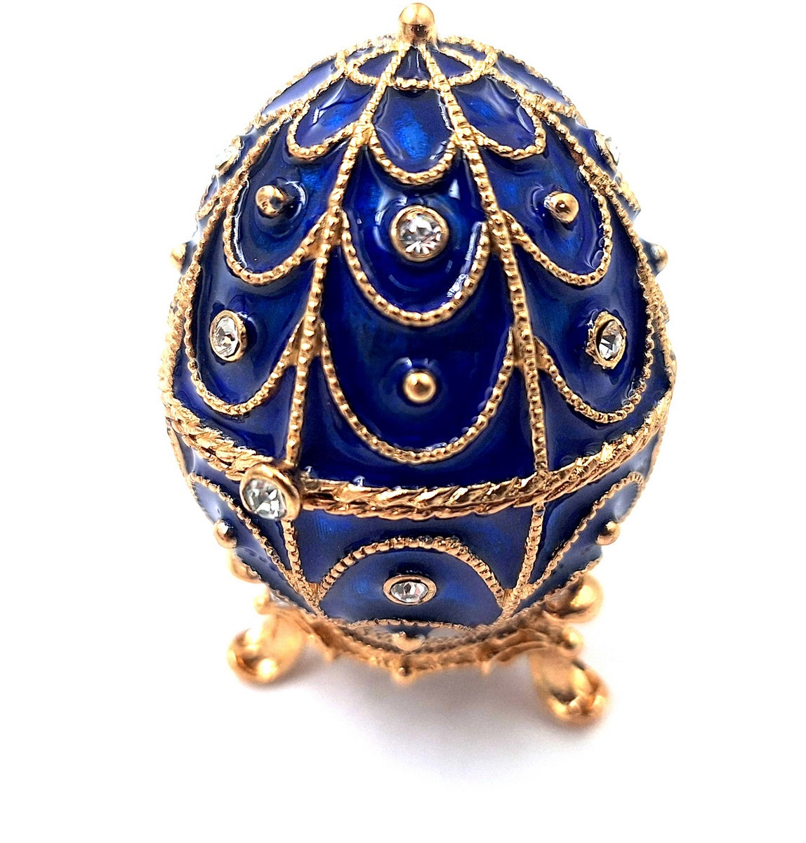 Caixa de metal exclusiva com cristais em forma de ovo Fabergé, azul-marinho e dourado, 5,5x6,5 cm com possibilidade de personalização por gravação