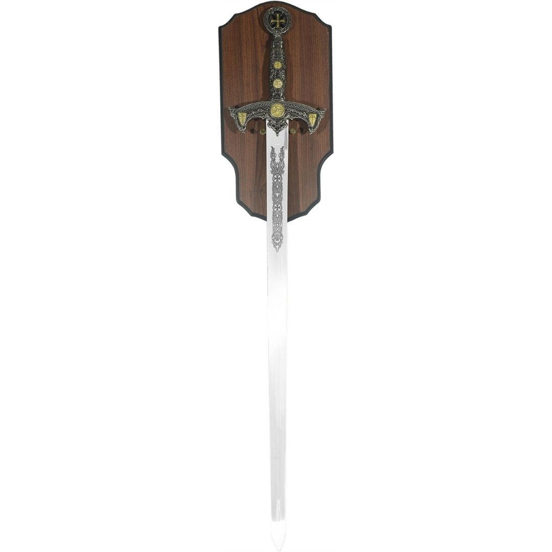 Réplica de espada templária com gravação num suporte de madeira