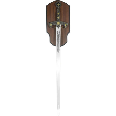 Réplica de espada templária com gravação num suporte de madeira