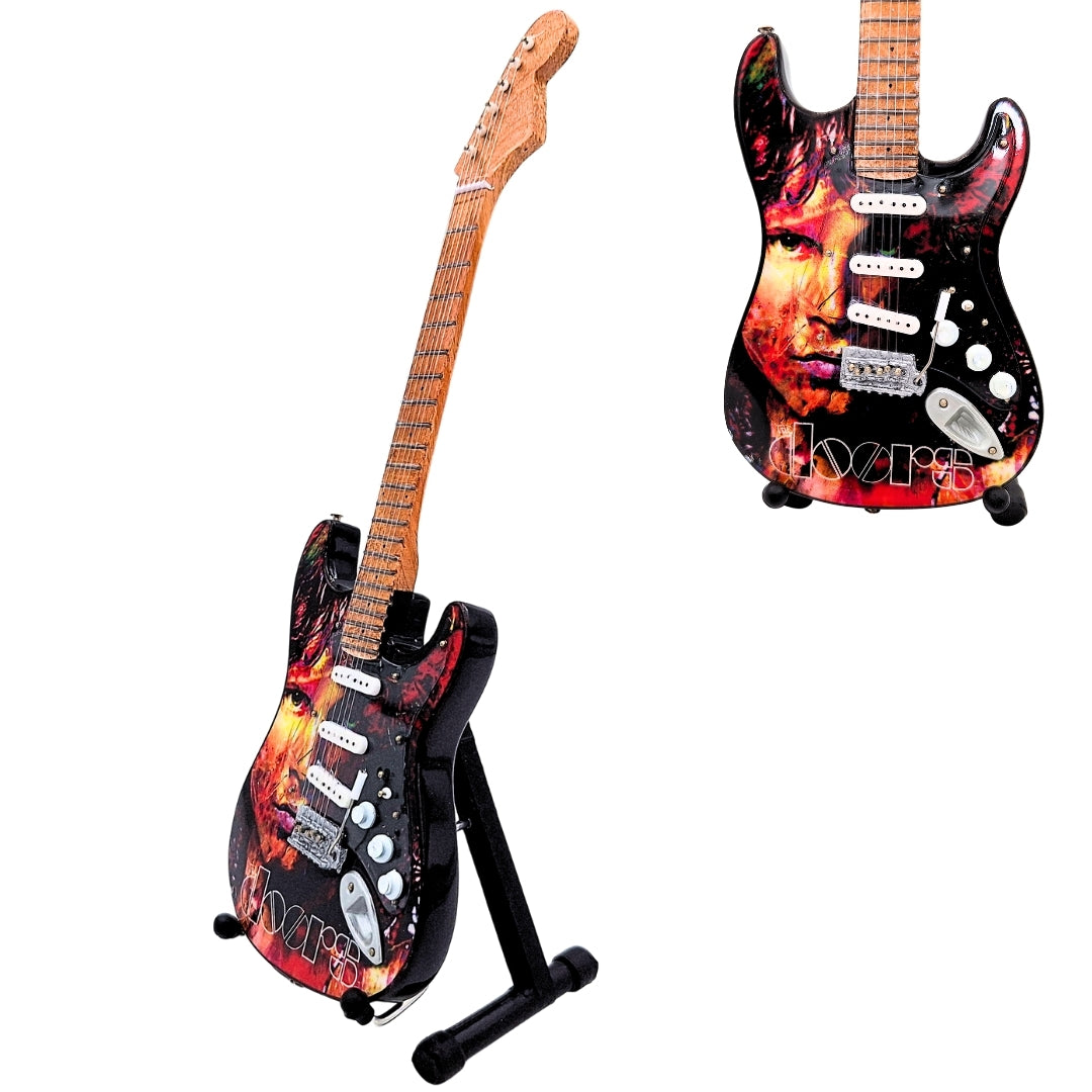 Mini Guitarra Jim Morrison The Doors - Madeira de Mogno - Gravação Personalizada - Presente Ideal para Fãs de Música - Altura 27,5 cm - Peça de Coleção Decorativa