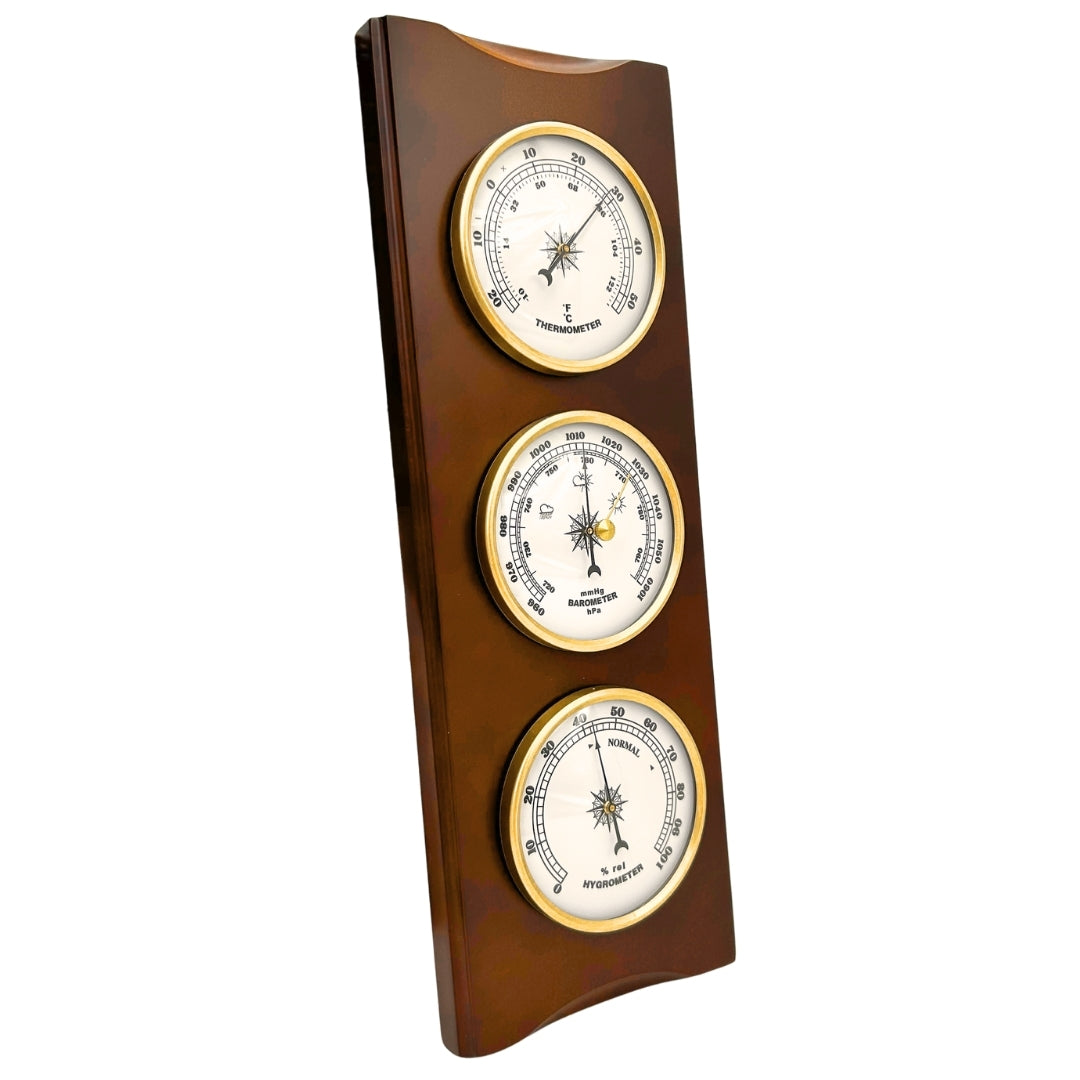 Estação Meteorológica Retro Elegante 36cm com Gravação – Barómetro, Termómetro, Higrómetro em Caixa de Madeira
