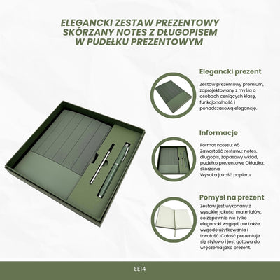 Conjunto Elegante para Presente com Gravação Personalizada - Caderno de Pele A5 Verde Oliva com Caneta e Recarga em Caixa de Presente Estética