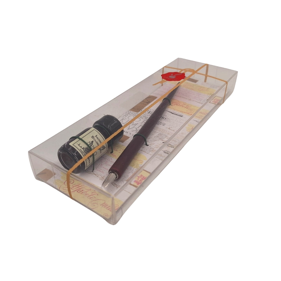Conjunto Elegante para Caligrafia com Pena de Madeira e Tinta Preta, possibilidade de personalização por gravação, ideal para presente para amantes da arte da escrita, em embalagem decorativa 7,5 x 22 x 3 cm