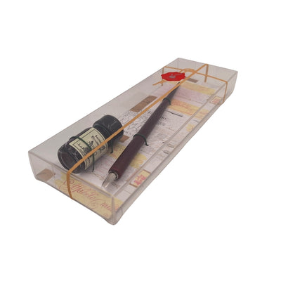 Conjunto Elegante para Caligrafia com Pena de Madeira e Tinta Preta, possibilidade de personalização por gravação, ideal para presente para amantes da arte da escrita, em embalagem decorativa 7,5 x 22 x 3 cm