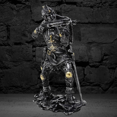 Figura de Cavaleiro Medieval com Besta 20cm com Possibilidade de Personalização por Gravação - Decoração Prateado-Dourada para Presente para Amantes de História e Fantasia - Pintada à Mão em Poliresina