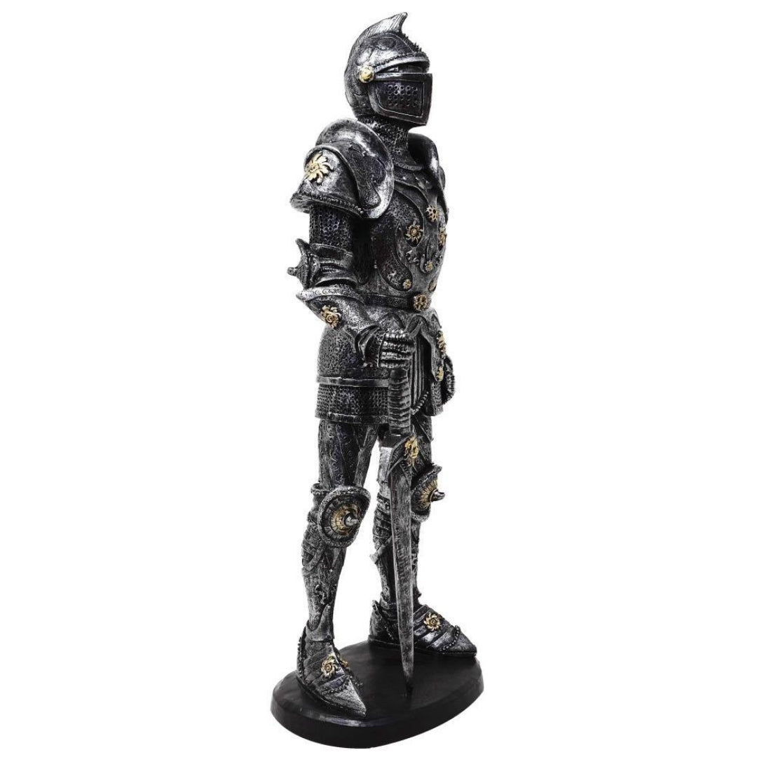 Figura Decorativa Cavaleiro em Armadura 39 cm Prateada com Possibilidade de Gravação Personalizada