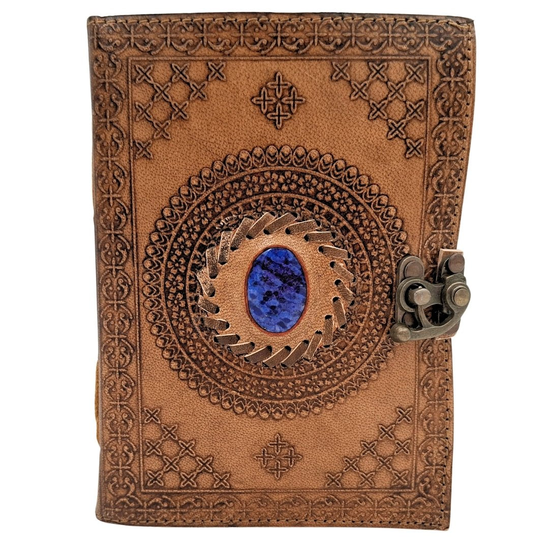 Caderno de Couro Retro com Pedra - Caderno Personalizado com Gravação - Couro de Búfalo, Castanho, 18x13 cm