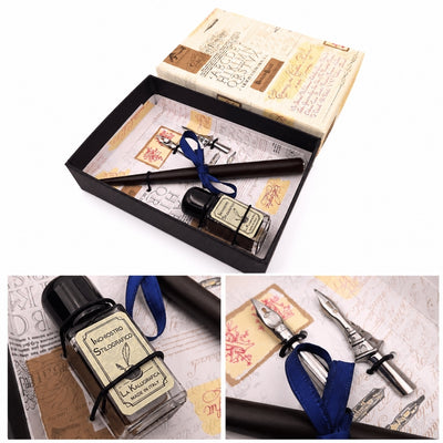 Conjunto de caligrafia com gravação personalizada - caneta italiana com duas penas e tinteiro, ideal para presente - embalagem elegante 12,5x8,5x3cm