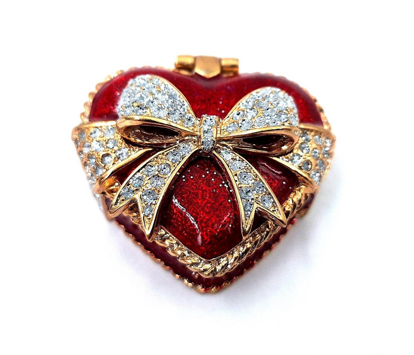 Caixa de metal para joias em forma de coração com cristais, vermelho, dourado e prateado, possibilidade de personalização por gravação, ideal para presente romântico, dimensões 4,8 x 4 x 2,5 cm