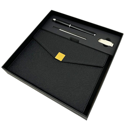 Conjunto de Presente Premium Elegante com Personalização – Caderno de Couro A5, Caneta e Pen Drive 16GB em Estojo Preto e Dourado