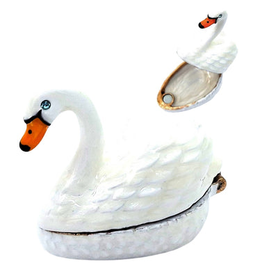 Caixa de presente elegante em metal em forma de cisne com possibilidade de personalização por gravação, branco e dourado, ideal para guardar joias - dimensões 5x3,7x2,7 cm