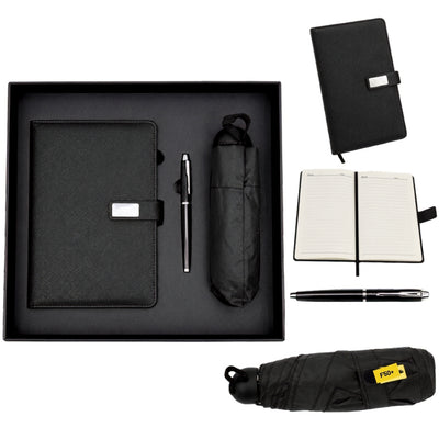 Conjunto Elegante para Presente com Personalização - Caderno de Pele A5, Caneta e Guarda-Chuva Preto em Caixa de Presente