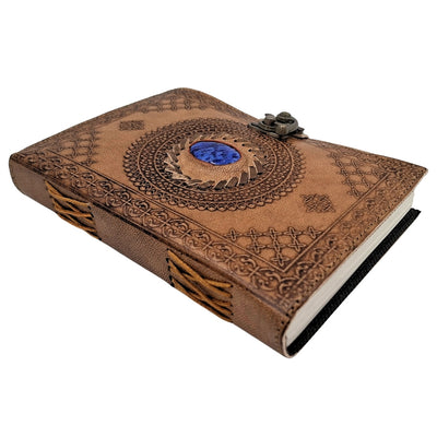 Caderno de Couro Retro com Pedra - Caderno Personalizado com Gravação - Couro de Búfalo, Castanho, 18x13 cm