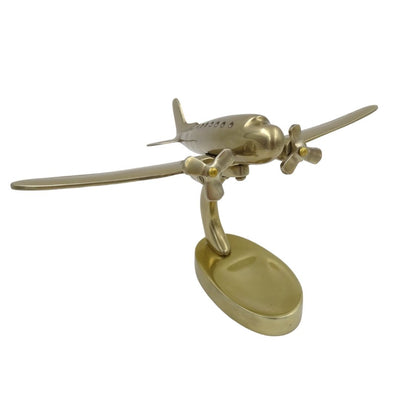 Modelo grande de avião bimotor em metal com possibilidade de personalização por gravação, dourado, 19,5 x 16,5 x 29 cm