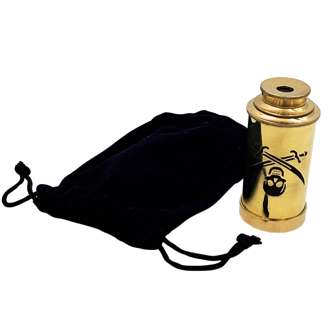 Luneta de Pirata com Emblema – Luneta Dobrável em Latão com Gravação – Presente Ideal para Jovem Explorador dos Mares – Altura 15 cm, Conjunto com Saquinho de Veludo