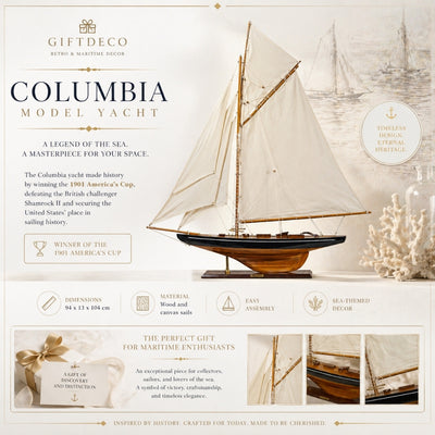 Modelo de iate Columbia com vela gafada, altura 104 cm, em madeira, com possibilidade de personalização por gravação