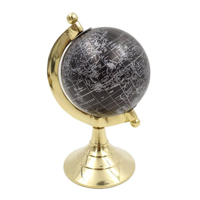 Globo decorativo Black & Gold com possibilidade de gravação personalizada – acessório elegante para presente, altura 20 cm, base de latão, mapa preto com inscrições prateadas